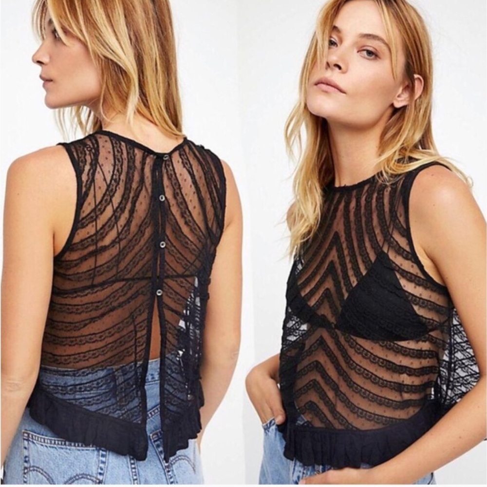 Free People NWT Black Lace Sheer Cropped Swing Top